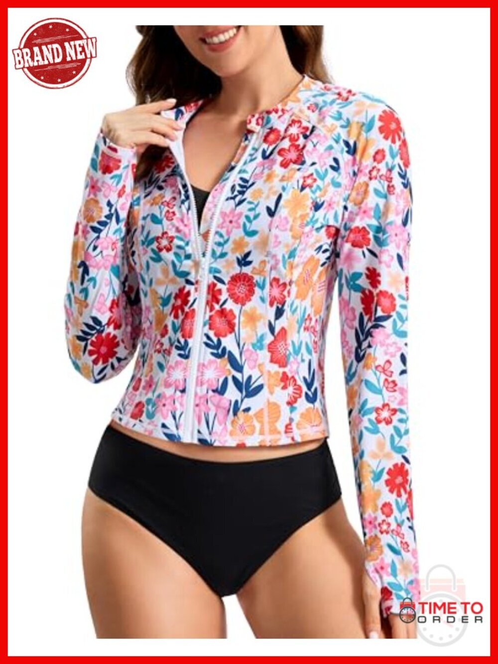 Crop Rash Guard UPF50+ Long Sleeve Zip Pockets Thumbholes